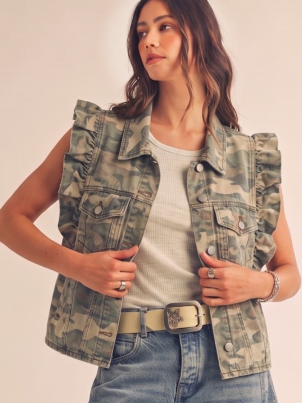 LovLov Camo Ruffle Sleeve Denim Vest